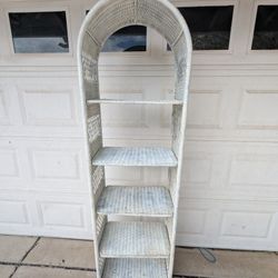 Vintage White Wicker Rattan Boho Cottage Shabby Chic book Shelf (5 Shelves) arched tall 6 feet