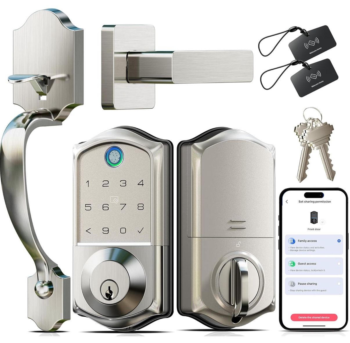 Veise VE017-H Fingerprint Smart Front Door Lock Set, App Control, Keyless Entry Deadbolt with Handle, Smart Deadbolt, Emergency Power Port, Touchscree