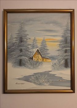 Signed Winter Landscape Oil Painting Gold Frame