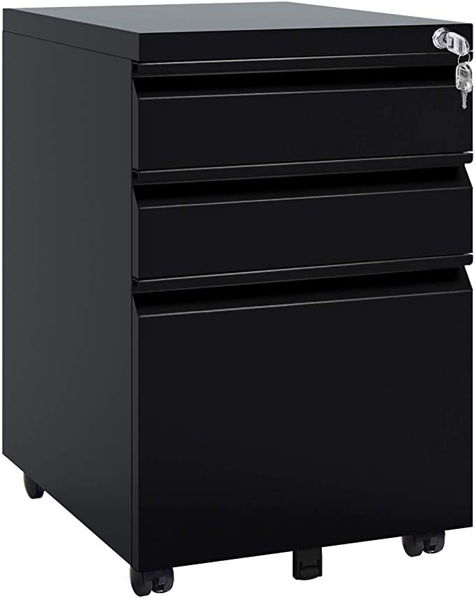 3 Drawer Mobile File Cabinet with Lock, Under Desk Metal Filing Cabinet for Legal/Letter/A4 File, Fully Assembled Except Wheels, Black