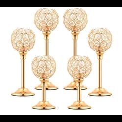 6pcs Set of Elegant European-Style Mini Crystal Candle Holders - Golden Metal with Faceted Spherical Design for Weddings, Hotels, and Romantic Home De