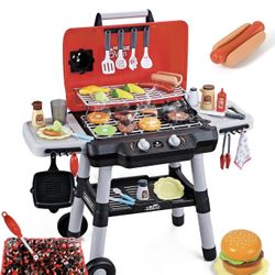 Kids Play Kitchen Toys, Kids BBQ Grill Playset with Smoke Sound Light, 2-Layer Barbecue Toy with Wheel, Outdoor Play Grill Toys for Toddlers 3-5, Play