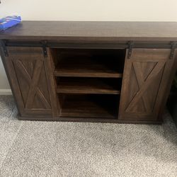 WOODEN TV STAND WITH ROLLING BARN DOORS