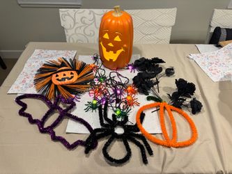 Halloween Decor Bundle Lot - Pumpkin Blow Mold, Spider Lights, Tinsel Crafting Set