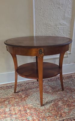 Antique Mahogany/Burled Top Lamp Table. 30" Tall x 31" Top, Nice Condition, Small 1 inch piece of Veneer Missing on Side.