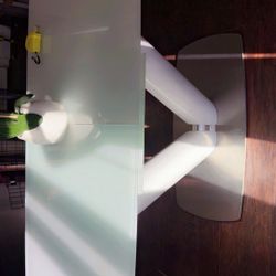 For Sale: Glass Table with Stainless Steel (White & Silver)  • Excellent condition, like new.  • Originally bought from Valem Stani for $1800.  • Aski