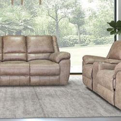Brand New Light Brown Leather Reclining Sofa & Loveseat