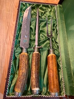Kronenkrebs Solingen 3-Piece Vintage Carving Set with Stag Horn Handles and Original Box