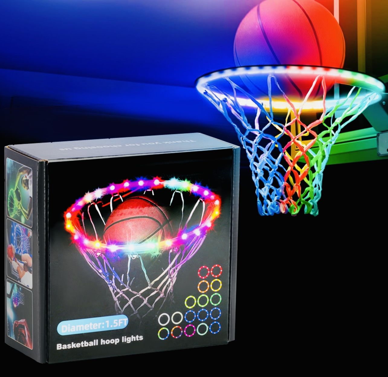 LED Basketball Hoop Lights 1.5m, RGB, 20 Modes, Waterproof
