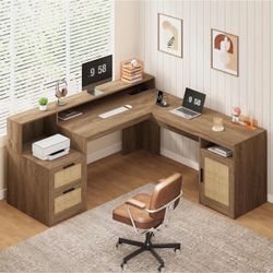 L-Shaped Wood Desk with Storage and Monitor Stand