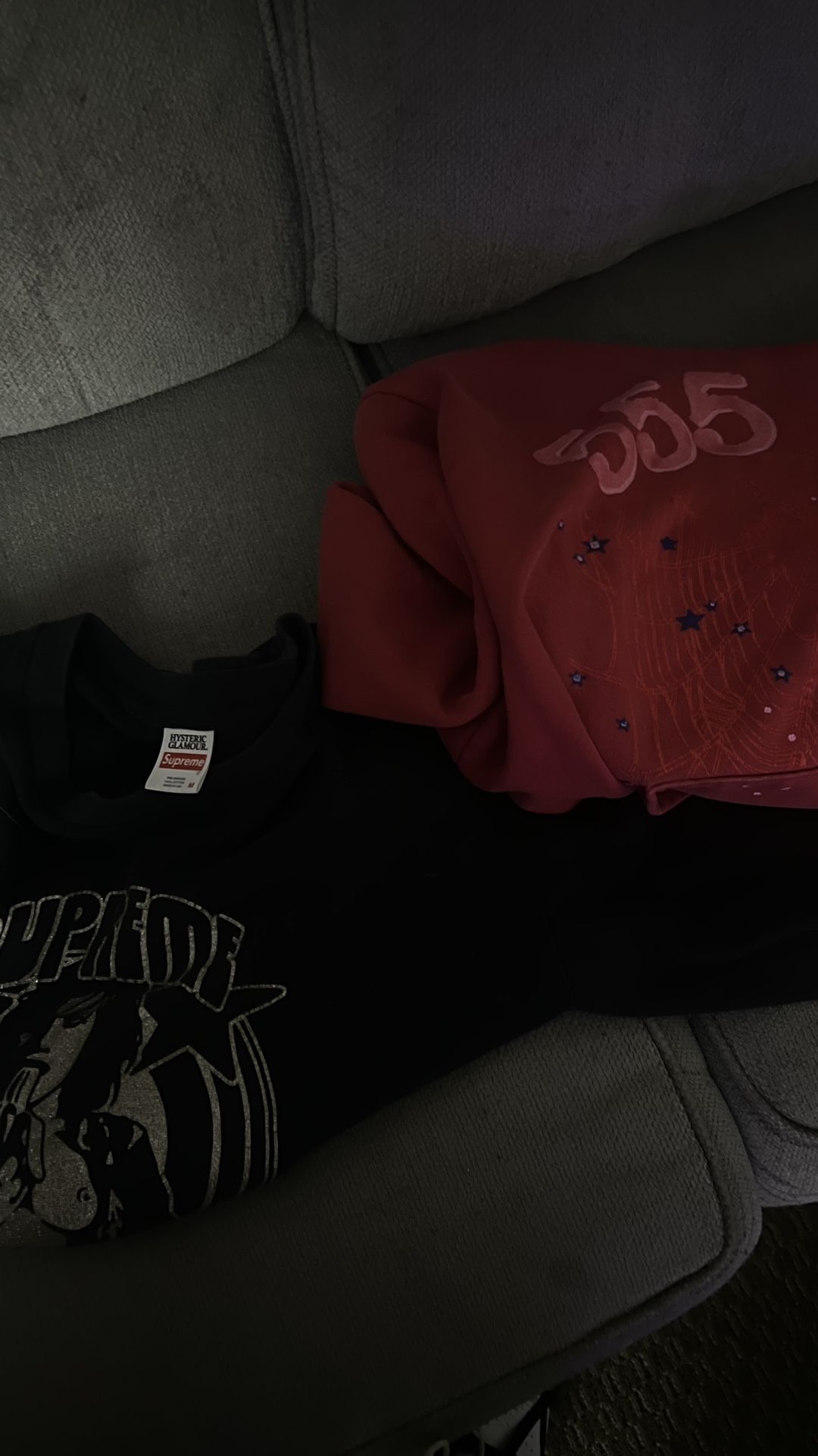 supreme HYSTERIC glamour long sleeve shirt and red sp5der hoodie