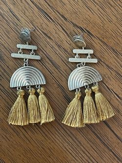 Gold Toned Tassel Earrings with Geometric Design for Pierced Ears in Excellent to Like New Condition