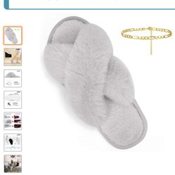 Women Cross Band Slippers, Soft Plush Fleece Slippers,Cushioned Memory Foam Furry Cozy Open Toe House Shoes, Indoor Outdoor Faux Rabbit Fur Comfy Slip