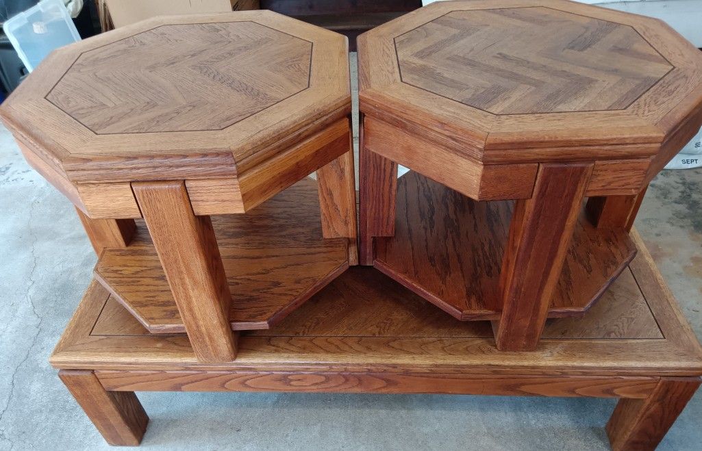 2 Oak Octagonal End Tables Plus Coffee Table