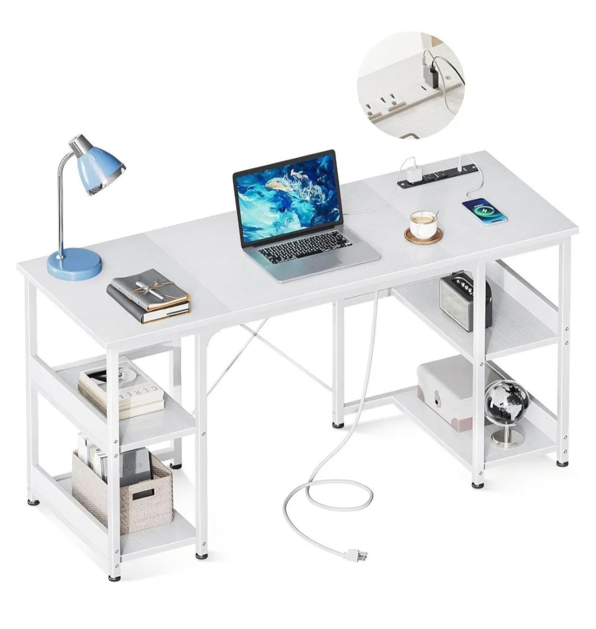 AODK 48 Inch Small Computer Desk with Power Outlets & USB Charging Port, Home Table with Storage Shelves, Student Laptop PC Desks for Small Spaces Hom