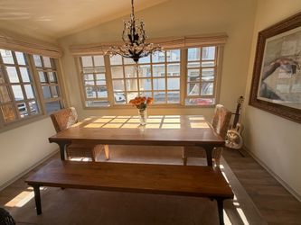 Crate and Barrel, teak dining room set with benches
