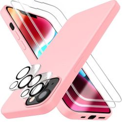 [5 in 1 for iPhone 14 Plus Case 6.7 inch, with 2 Pack Screen Protector + 2 Pack Camera Lens Protector, Liquid Silicone Slim Shockproof Protective Phon