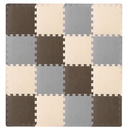 ProSource Foam Puzzle Floor Play Mat for Kids and Babies with 16 Interlocking Tiles with Borders, Brown/Beige/Grey 