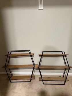 Hexagon Wood and Metal Wall Shelves – Set of 2