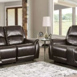 Brand New Espresso Top Grain Leather Power Reclining Sofa & Loveseat