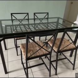 Glass & Iron Dining Table With 4 Seagrass Chairs