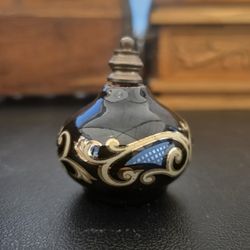 Vintage Black Glass Decorative Perfume Bottle with Gold Scrollwork
