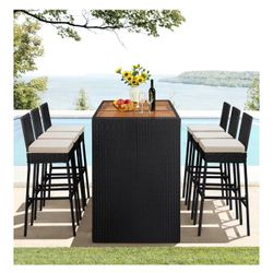 7 Piece Patio Dining Set Outdoor Acacia Wood Bar Table and Chairs with Removable Cushions, Wicker Furniture Set for Deck, Backyard, Garden, Black/Beig