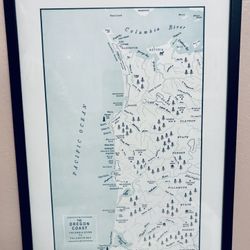 📍🗺️ Oregon Coast Framed Hand-drawn Antique Letterpress Map