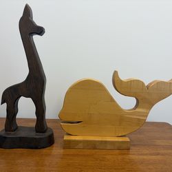 Vintage Hand-Carved Wooden Whale and Giraffe