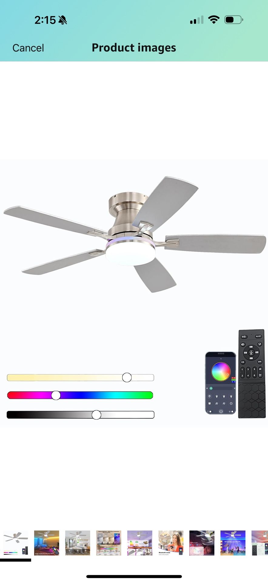 Ceiling Fans with Lights, 48 inch Low Profile Ceiling Fan with Light and Remote Control, Flush Mount RGB Dimmable Light, Noiseless, Nickel Ceiling Fan