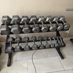 Dumbbells 5-60 weights 550lbs total plus rack
