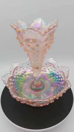 Gorgeous Vintage Fenton Pink Iridescent Hobnail 1-Horn Epergne With Original Sticker & Stamp (Rare)