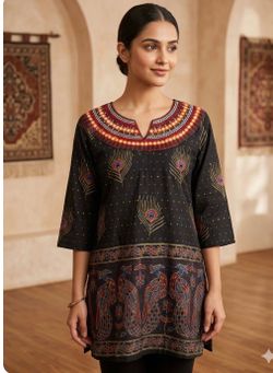 This is a black batik top with vibrant peacock feather embroidery.