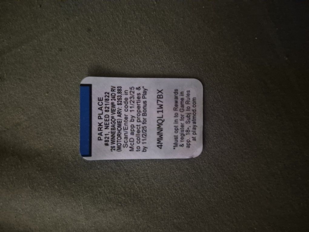 Park Place McDonald's monopoly piece