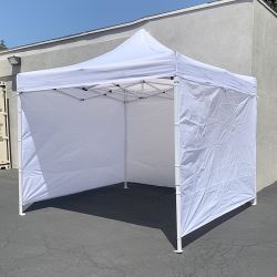New $120 Heavy Duty White 10x10 ft Canopy with 3 Sidewalls EZ Popup Outdoor Gazebo, Carry Bag