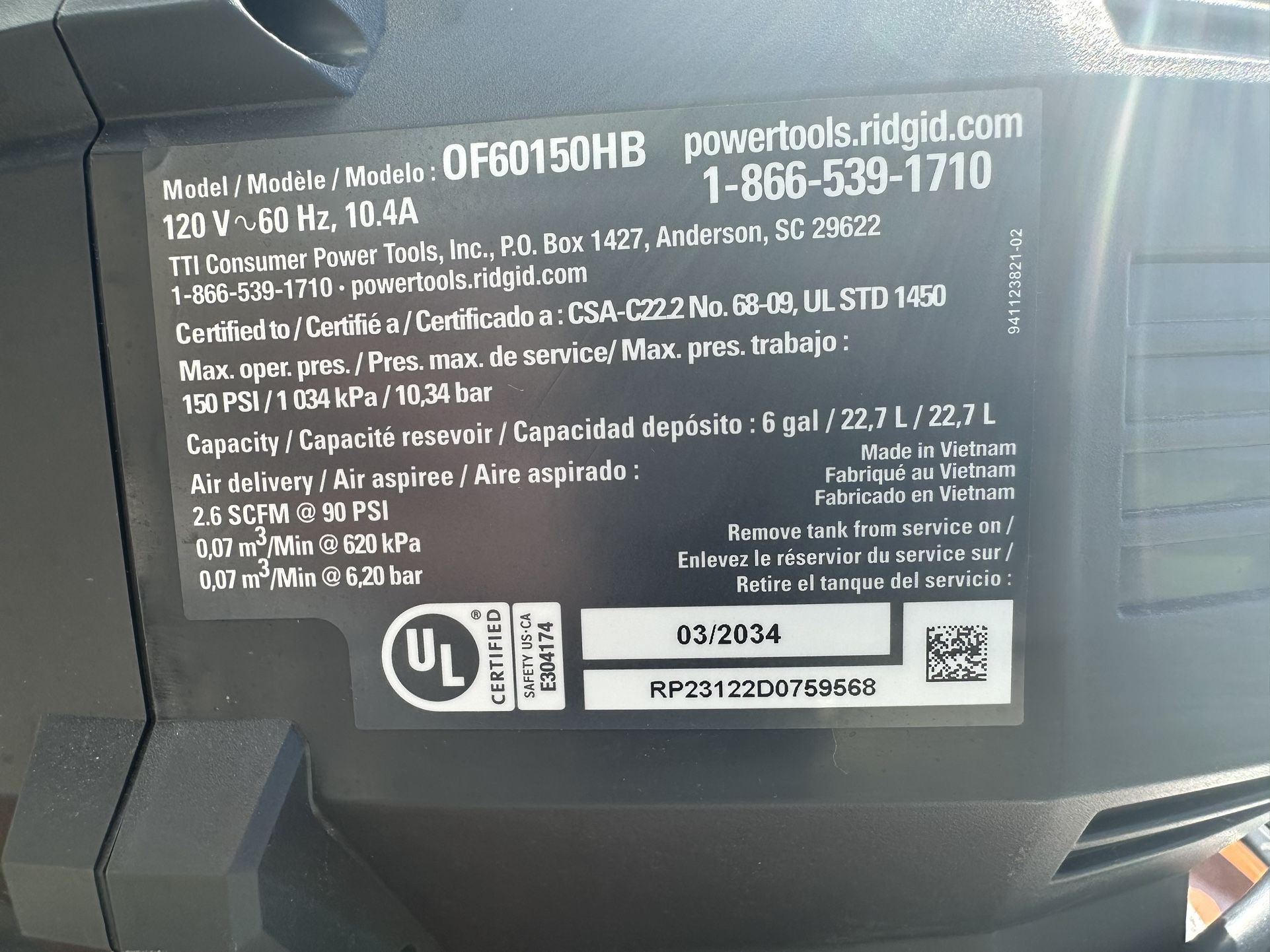Rigid Air Compressor: $50.00