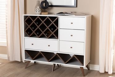 Walnut Finish Wood Wine Cabinet with Multiple Drawers and Open Shelves