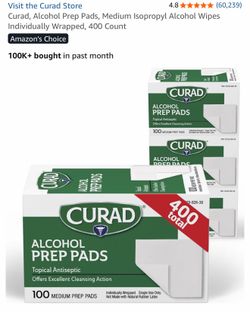 NEW Curad Alcohol Prep Pads - 400 Count (4 Boxes of 100 Each)