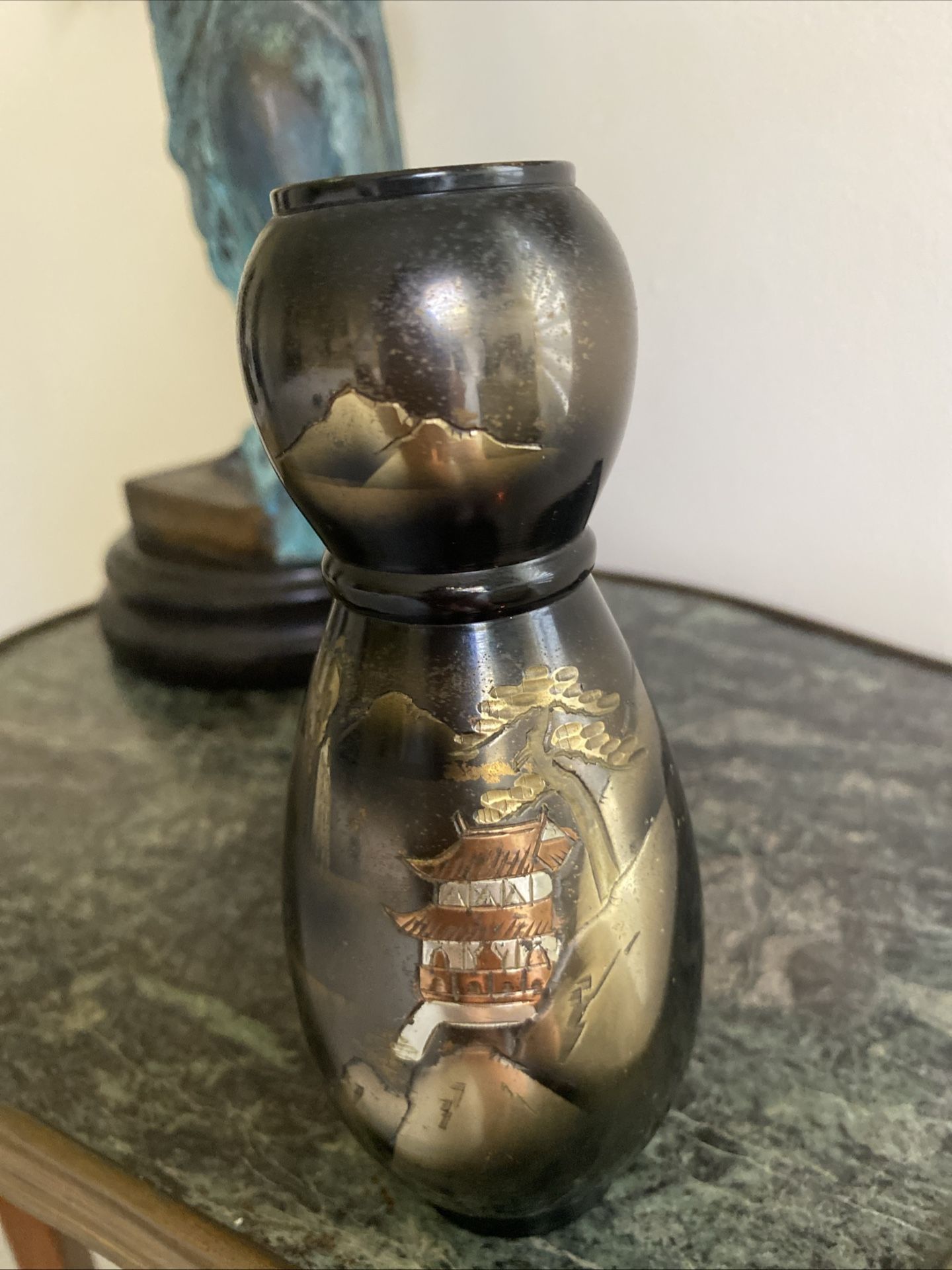 Vintage Japanese Metal Vase 6" Landscape