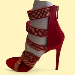 Pati-Root Red Strappy High Heel Sandals w Rhinestone Size 8