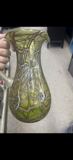 iridescent Art Nouveau glass vase, possibly produced by a Bohemian glassmaker such as Loetz or Pallme-König around the early 20th century.  Pitcher