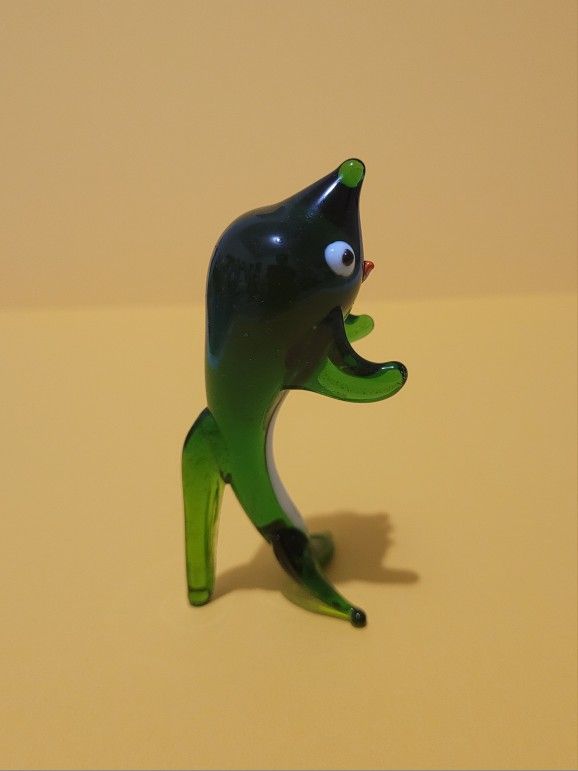 Vintage Green & White Glass Dolphin Miniature Figurine.