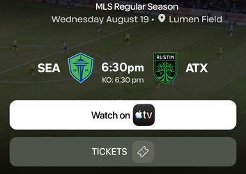 2 Tix Sounders v Austin FC, Wed Aug 19, 6:30, Lower level