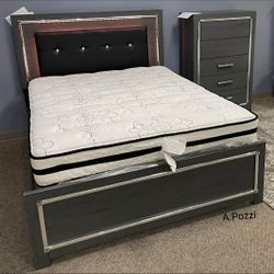 AP- Gray LED Footboard Storage Bedroom Set/ 4-Piece (Bed, Dresser, Mirror, Nightstand) Financing Available 