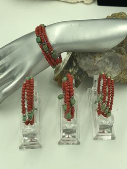 Coral, Green Turquoise & Sterling Beads 3 Layer Tension Bangle