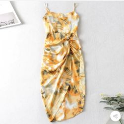 ASYMMETRICAL SLIT RUCHED SIDE BUSTIER SATIN SLIP MIDI DRESS - YELLOW