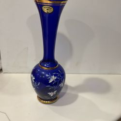 This Item Is A Vintage Bohemian Cobalt Blue Glass Vase With Hand painted Floral Designs