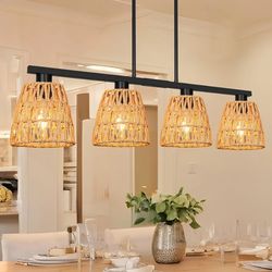 5128: New Black 4-Light Kitchen Island Lighting, Boho Rattan Dining Room Light Fixture, Farmhouse Island Light for Kitchen with Shade, Adjustable Line
