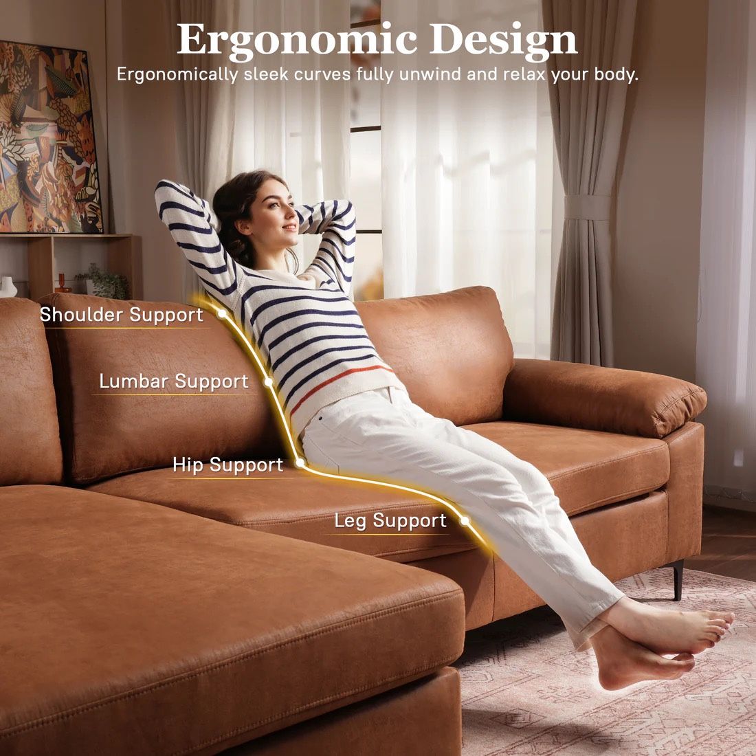 L Shaped Couch with Reversible Chaise Living Room Couch Modern Sofa Set,Suede Fabric light Brown