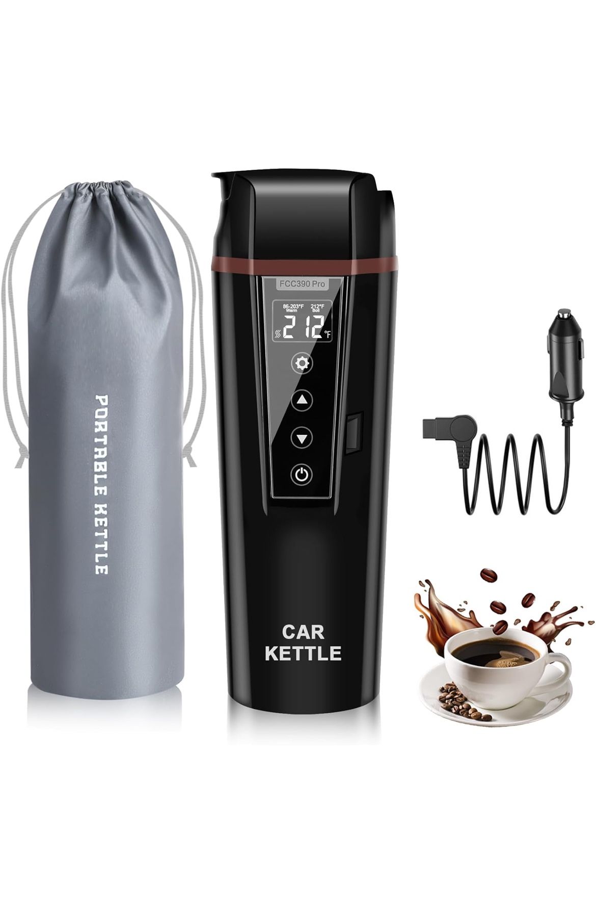 Car Electric Kettle: 12V/24V Portable Water Boiler Heated Travel Mug,Multiple Temperature Adjustable Coffee Tea Truck Cup with 304 Stainless Steel Dry